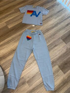 Aviator Nation Light Blue Joggers with Rainbow Heart
